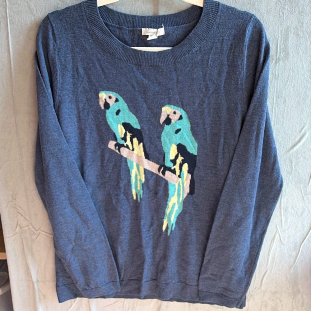 Garnet Hill Parrot Intarsia Sweater Women L Blue Wool Whimsical Boho Bird Preppy